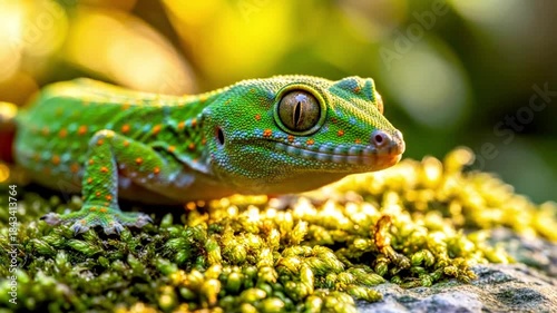 Vibrant green gecko with striking orange spots rests on mossy rock bathed in warm golden sunlight macro view
