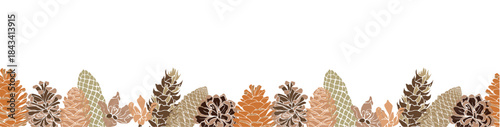 Semless border with pine cones and sage green leaves in soft neutral tones, flat decorative style vector illustration isolated on transparent background