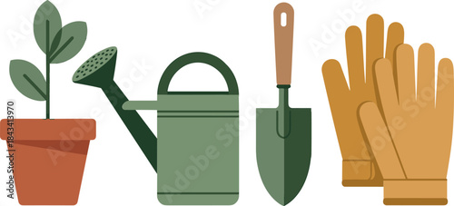 Gardening tools illustration set featuring potted plant, watering can, hand shovel, and protective gloves in clean modern vector style