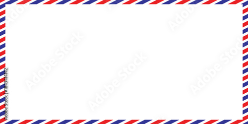 Airmail Envelope frame images with strips. International vintage letter border. Retro air mail postcard with blue and red stripes. Empty classic postal frame.