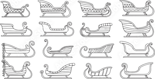 Vector set featuring Christmas sleigh and sled with hand drawn wooden toboggans and santa carriages for winter snow transportation eps