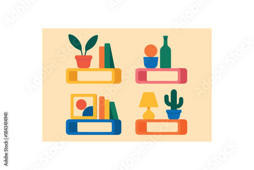 Flat vector illustration of colorful wallmounted geometric shelves with vivid decor items rounded edges clean style