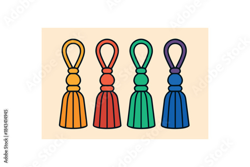 Flat vector illustration of colorful decorative curtain tiebacks with vivid tassels rounded forms clean outline