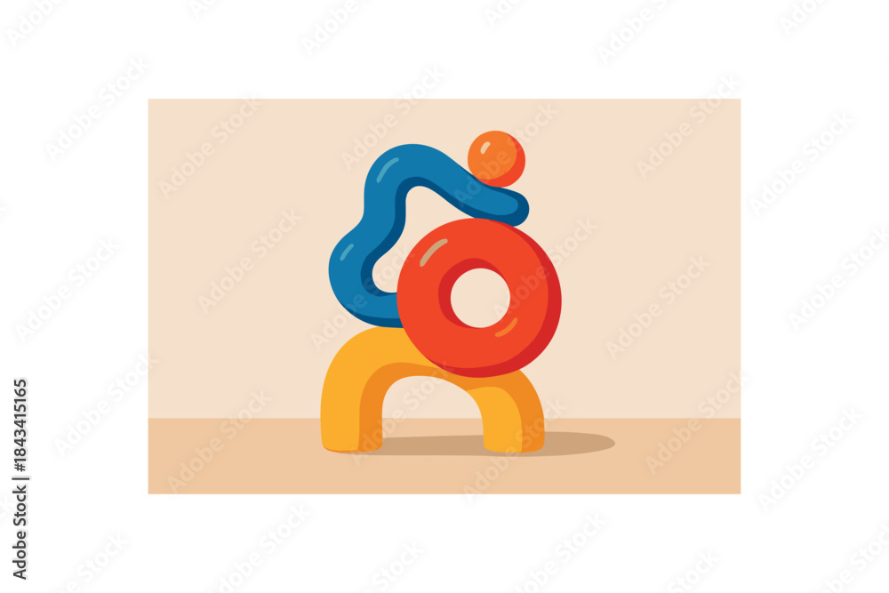 Fototapeta premium Flat vector illustration of colorful sculptural ceramic abstract shape as shelf decor vivid accents rounded form