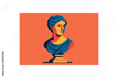 Flat vector illustration of bright sculptural decorative bust on pedestal bold accents rounded silhouette