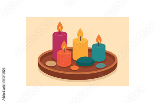 Flat vector illustration of colorful decorative tray with vivid candles and stones rounded shapes