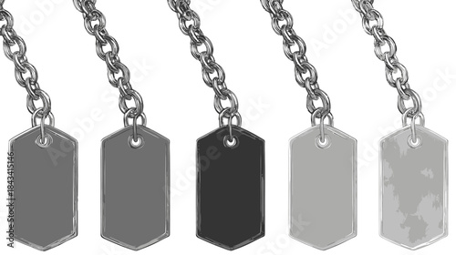 Set of five blank metallic dog tags with chains, varying shades of grey and black, military style identification tags isolated on white background
