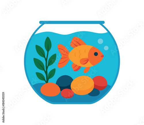 Flat vector illustration of bright decorative fishbowl with bold pebbles and plant rounded shapes