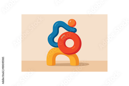 Flat vector illustration of colorful sculptural ceramic abstract shape as shelf decor vivid accents rounded form