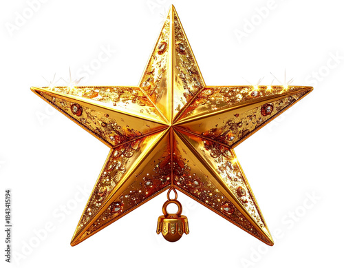 Ornate Gold Glitter Christmas Tree Topper Star Transparent Background.