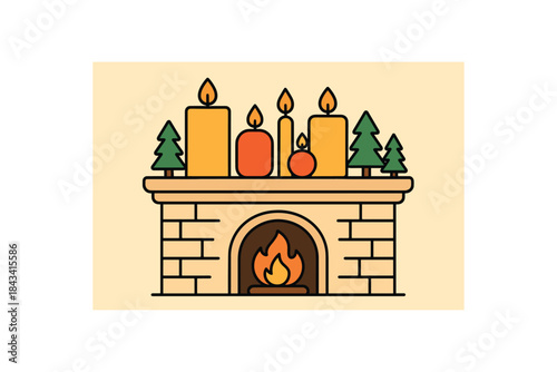 Flat vector illustration of bright fireplace mantel decor with bold candles and small trees rounded forms clean outline