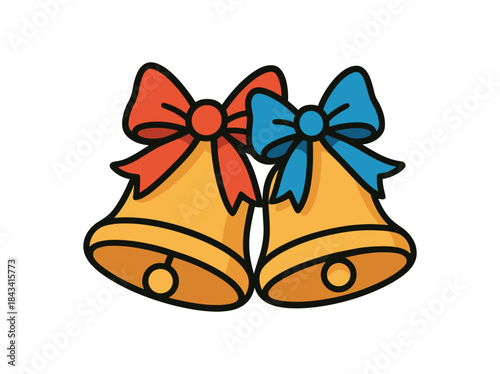 Flat vector illustration of colorful winter bells decoration with vivid bows rounded forms clean outline