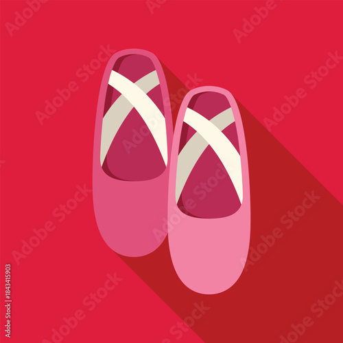 Pair of pink ballet pointe shoes with ribbons on a red background, flat design