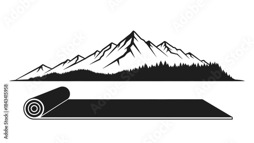 Mountain range silhouette with rolled camping mat illustration in black and white