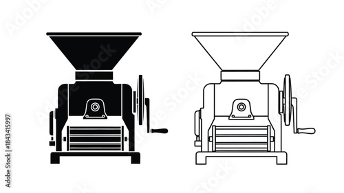 A black and white illustration of a vintage coffee or grain mill