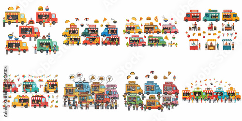 Large vector collection of vibrant food trucks, vendors, and street food icons, illustrating a diverse mobile catering and festival scene.