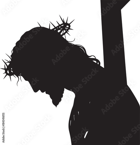 Black silhouette of Jesus Christ on the cross with bowed head, crown of thorns, spiritual sacrifice, minimalist Christian vector illustration