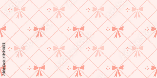 Hand drawn pink ribbon tile seamless pattern with bow details