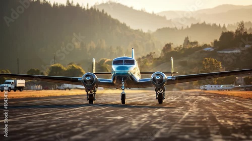 Vintage twin-engine airplane on a at sunrise aircraft retro