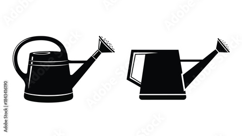 Two black watering cans in different styles shown as vector silhouettes