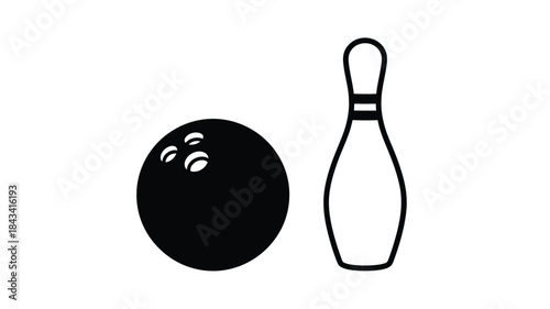 Simple black and white illustration of a bowling ball and pin