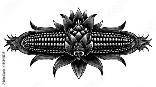 Detailed symmetrical vintage style illustration of corn cobs with stylized floral elements. Engraved botanical graphic design.