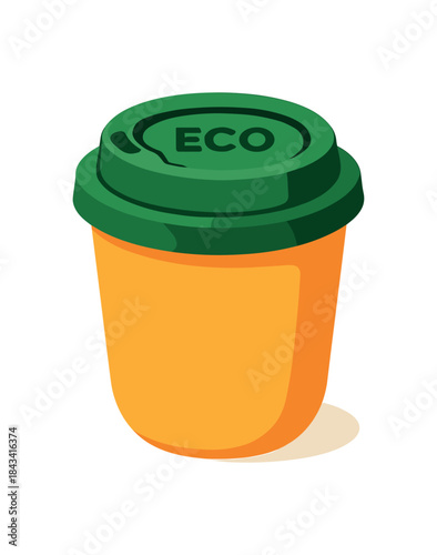 Flat vector illustration of bright reusable coffee cup with bold eco lid design rounded form minimal details