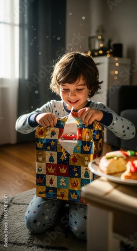 Excited little boy in pajamas opening a christmas gift at home, with festive decorations.