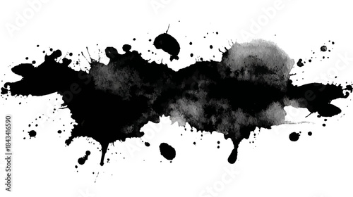 Abstract Black Watercolor Ink Splash and Blot Texture on White Background, Artistic Paint Splatter for Grunge Design Element