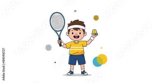 A cute cartoon boy with a headband smiling and holding a tennis racket and ball, ready to play a game on the court.