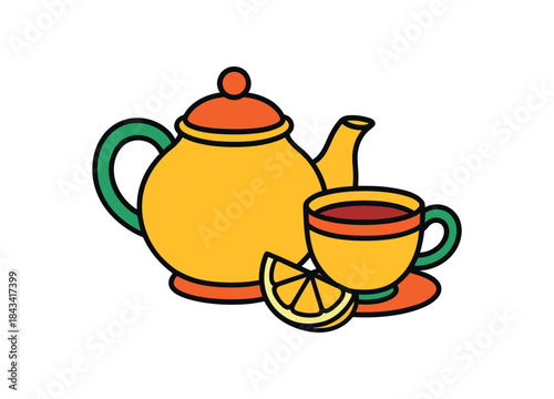 Flat vector illustration of bright teapot with matching tea cup and lemon slice vivid accents rounded shapes clean outline clean white background