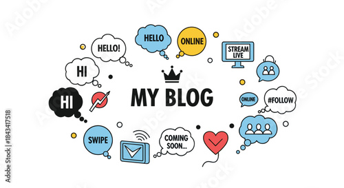 A modern concept illustration for a personal blog, featuring various social media icons and speech bubbles on a white background.