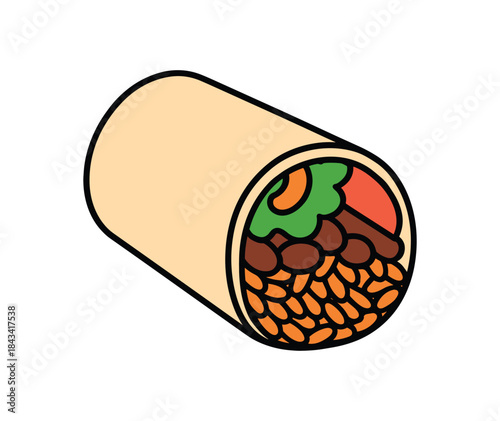 Flat vector illustration of colorful burrito cut open showing bold rice beans and veggies rounded shapes clean outline clean white background