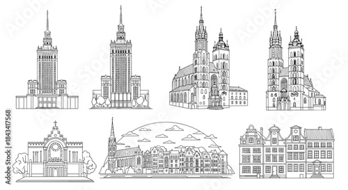 A collection of famous architectural landmarks of Poland in a detailed black and white line art sketch style for travel designs.