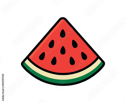 Flat vector illustration of bright watermelon slice with vivid seeds and rind rounded shapes clean outline clean white background