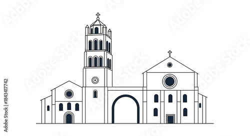 A minimalist architectural line art vector illustration of a traditional Italian Romanesque church or cathedral on white.