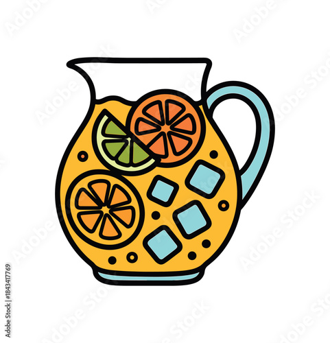 Flat vector illustration of colorful summer lemonade pitcher with bold citrus slices and ice cubes rounded shapes clean outline clean white background