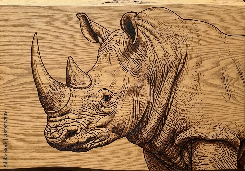 Fototapeta premium Pyrography art of rhinoceros head portrait with big horn on light wood grain texture board