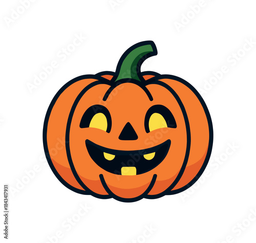 Flat vector illustration of bright jackolantern pumpkin lantern with friendly face cutout vivid glow marks rounded shapes clean outline clean white background