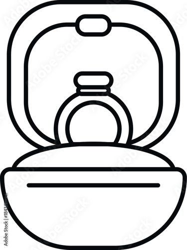 Engagement ring sitting inside an open jewelry box outline icon