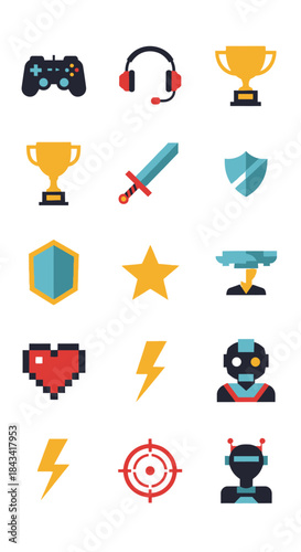 Gaming Icons Set - Controller, Headset, Trophies, Sword, Shield, Star, Heart, Lightning, Target, and Robot Avatars.