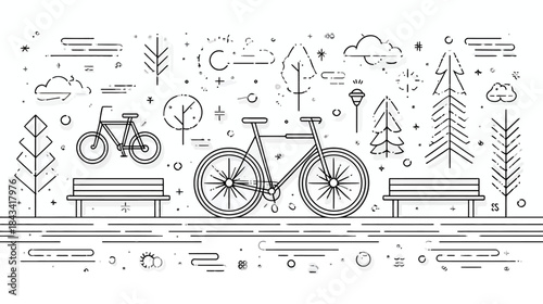Bicycle park line art illustration with trees, benches, and outdoor elements. Minimalist outline design for cycling, nature, and recreation.