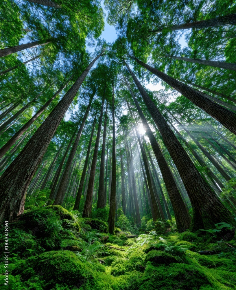 Fototapeta premium low-angle photograph of tall redwood trees, with a misty blue sky and sun rays shining through the treetops