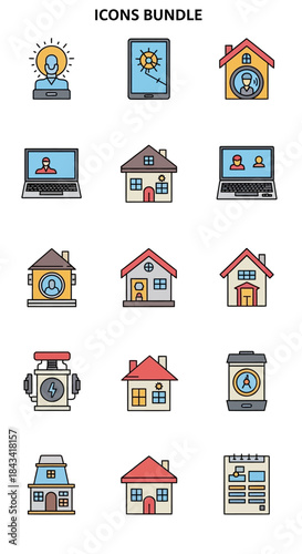 Icons Bundle - Teleconference, Tablet Virus Scan, Home Security, and Remote Work.