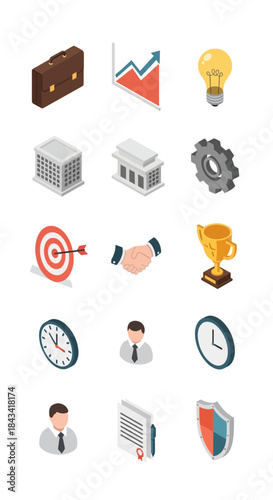 Isometric Business and Finance Icons Collection - Briefcase, Graph, Lightbulb, Building, Target, Handshake, Trophy, Clock, User, Document, Shield.