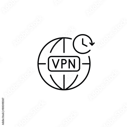 VPN symbol, earth and clock. Data encryption, anonymous browsing. Pixel perfect, editable stroke vector icon