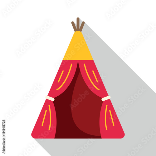 Traditional teepee structure with a red and yellow design and long shadow