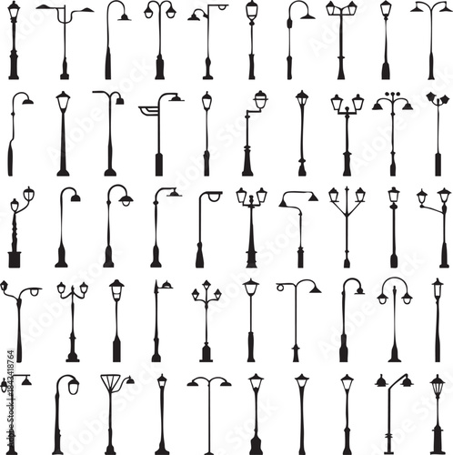 Collection of black street lamp silhouettes on white background