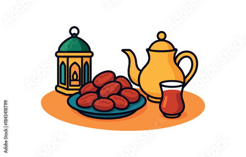 Flat vector illustration of colorful Ramadan iftar table with vivid dates lantern and tea set rounded shapes clean outline clean white background