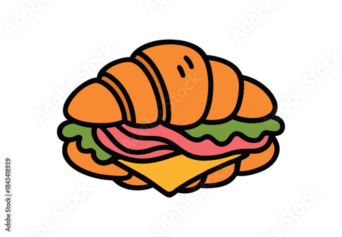 Flat vector illustration of colorful fresh croissant sandwich with bold ham cheese and lettuce layers rounded shapes clean outline clean white background